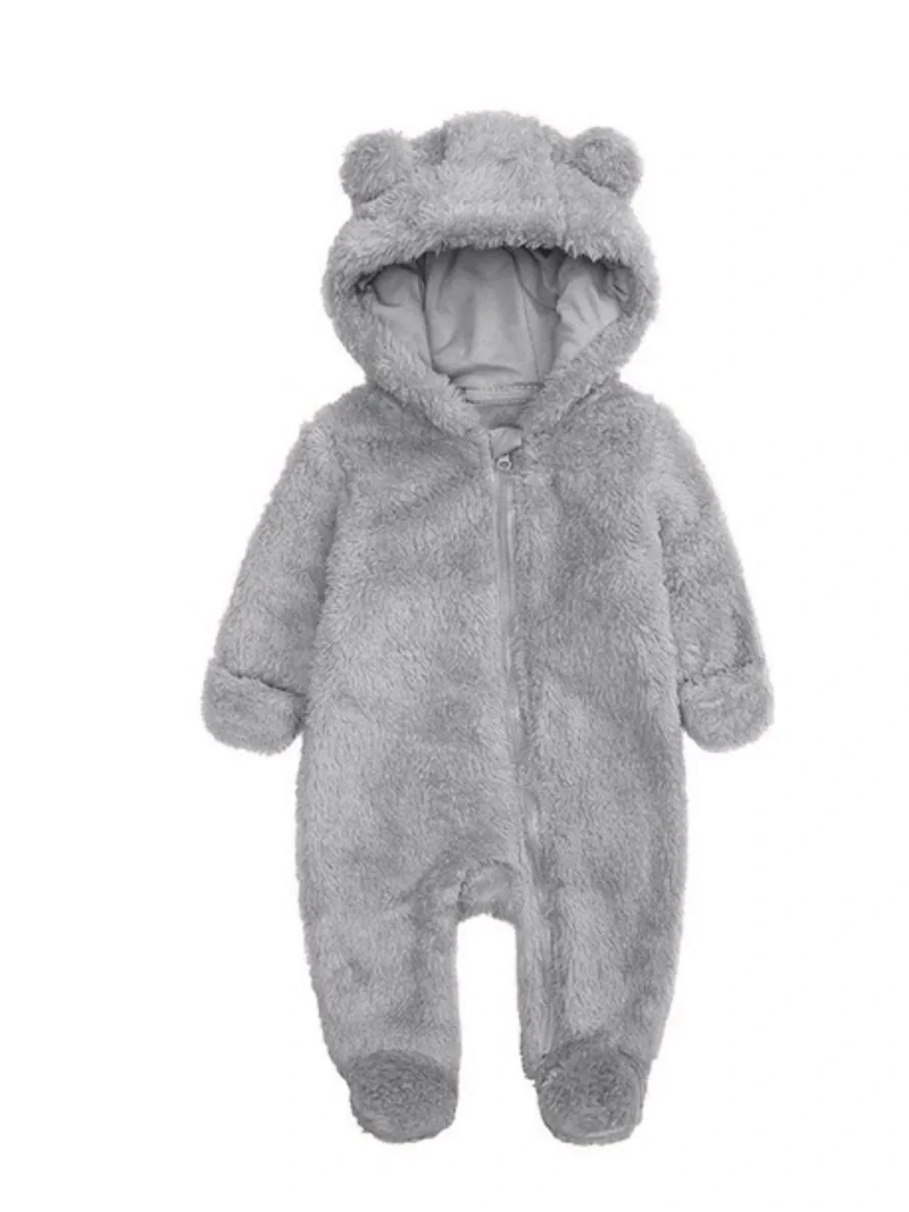 💼2️⃣ Cozy Gray Plush Hooded Baby Footie with Bear Ears